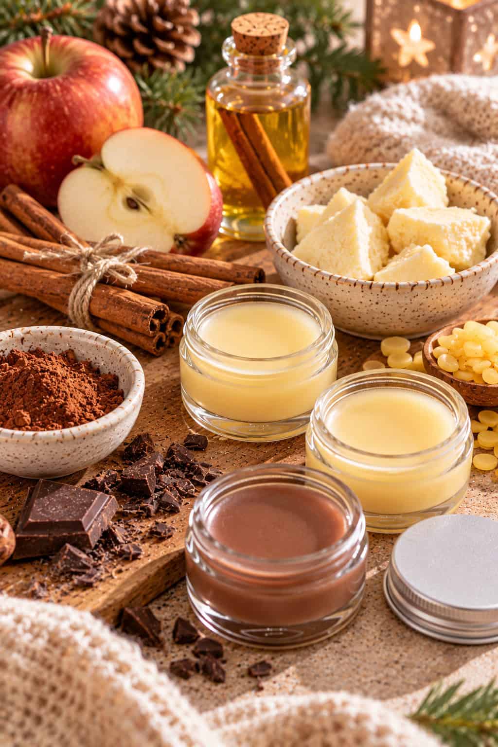 Selbstgemachter Lippenbalsam für den Winter mit Apfel und Zimt sowie Schoko-Lippenbalsam mit Kakaobutter, umgeben von den verwendeten Zutaten.