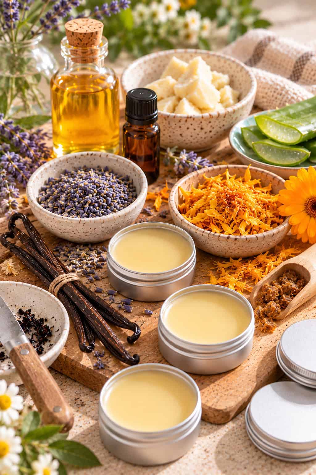 Selbstgemachter Lippenbalsam mit Vanille, Lavendel, Ringelblume und Aloe Vera, daneben die jeweiligen Zutaten und kleine Döschen mit fertigem Balsam.