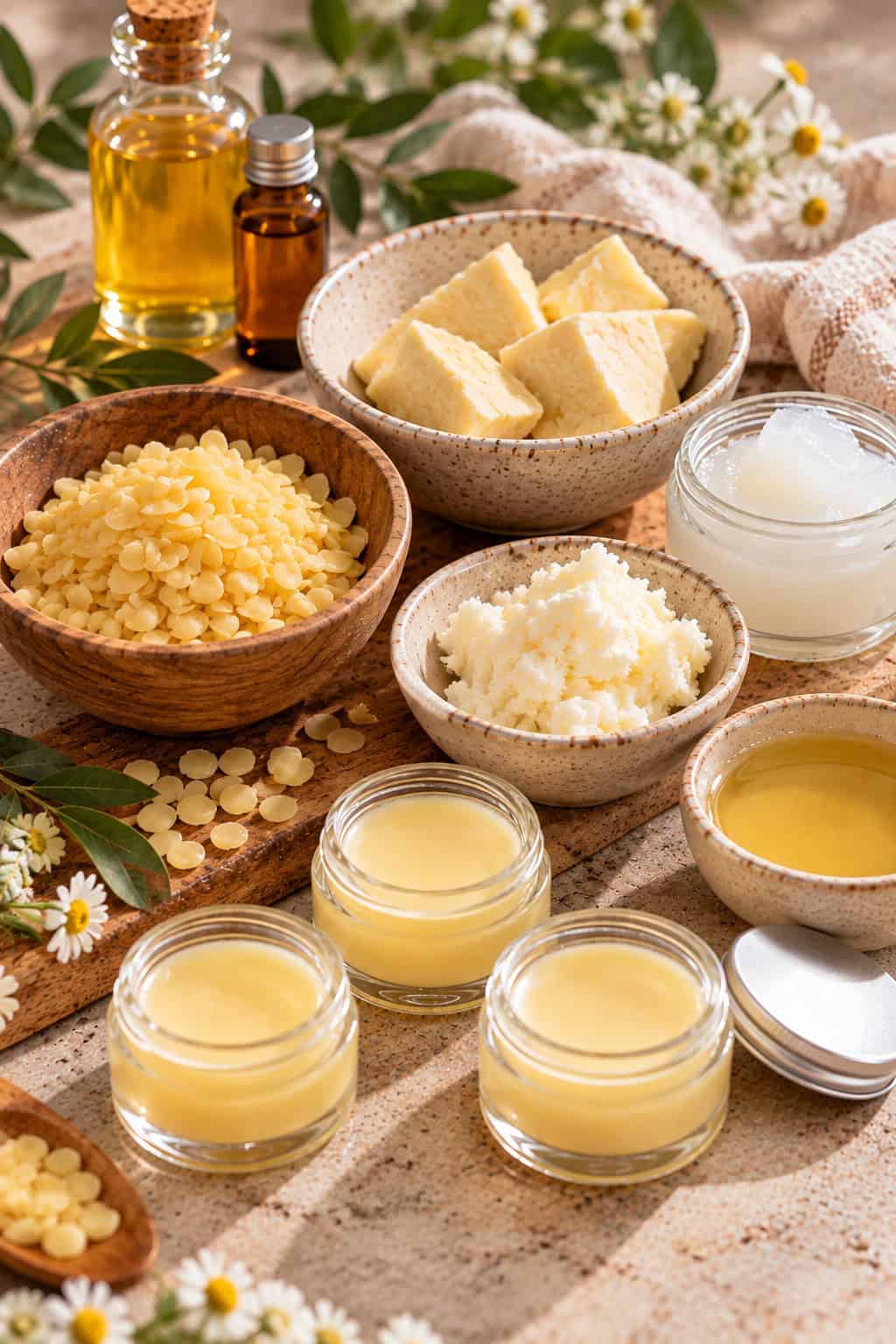 Lippenbalsam ohne Bienenwachs mit Candelillawachs, Sheabutter, Kakaobutter, Pflanzenöl und Vaseline als verschiedene wachsfreie und pflanzliche Varianten.