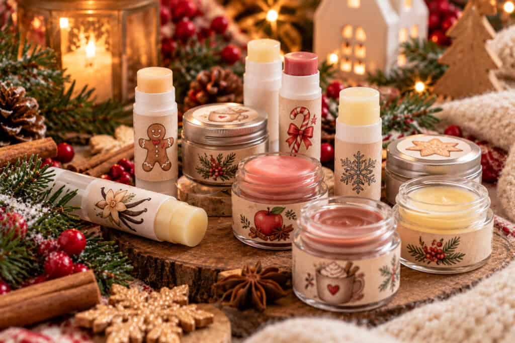 Weihnachtlich arrangierter, selbstgemachter Lippenbalsam in kleinen Glastiegeln und Pflegestiften mit liebevoll gestalteten Etiketten für Lebkuchen, Vanille, Zuckerstange und Bratapfel. Umgeben von Tannenzweigen, Zimtstangen und warmen Weihnachtslichtern.