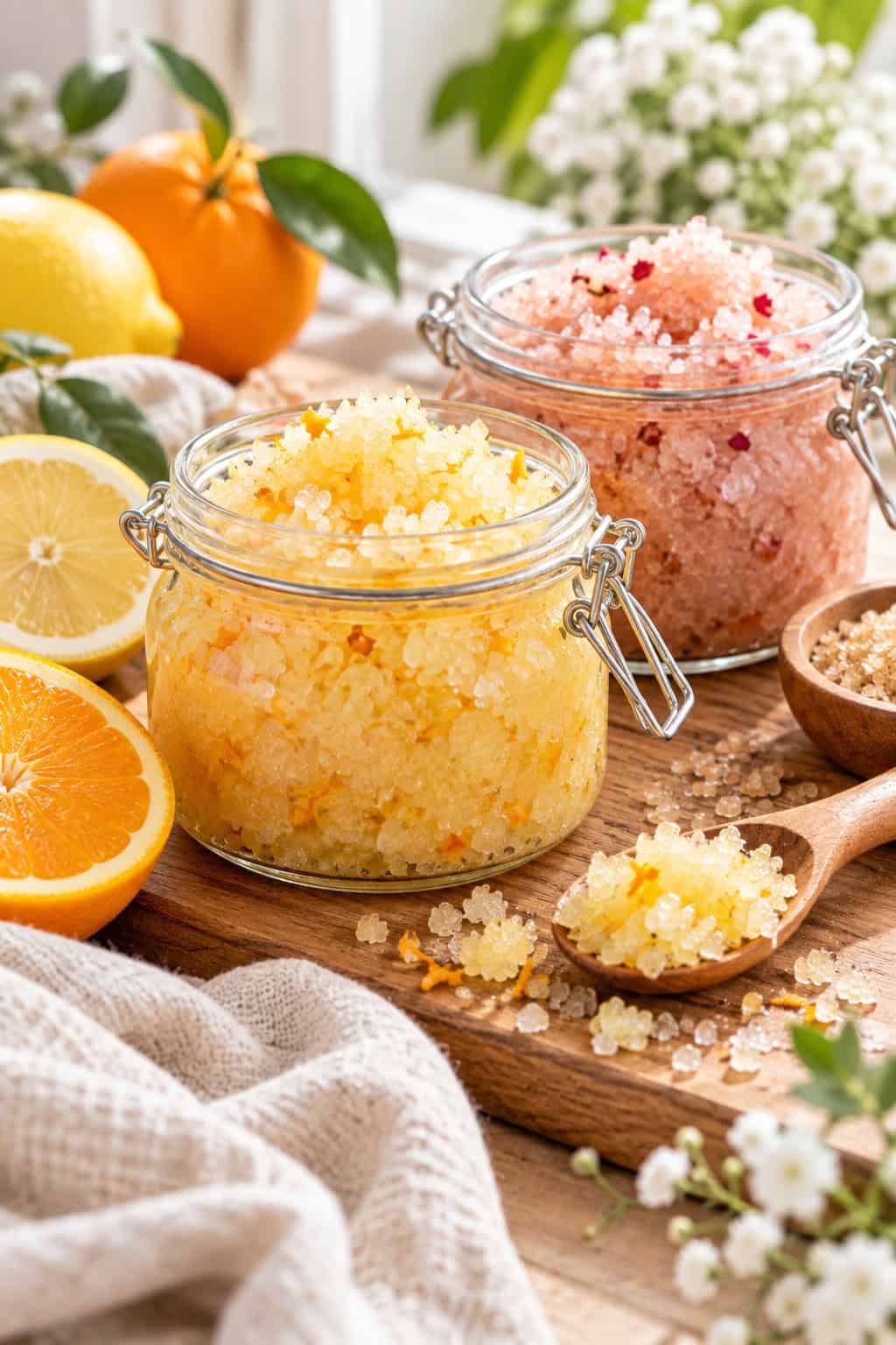 Zwei selbstgemachte Körperpeelings in Gläsern mit Zucker und Zitrusfrüchten, dekoriert mit Orange, Zitrone und einem Holzlöffel auf einem hellen Holztisch.