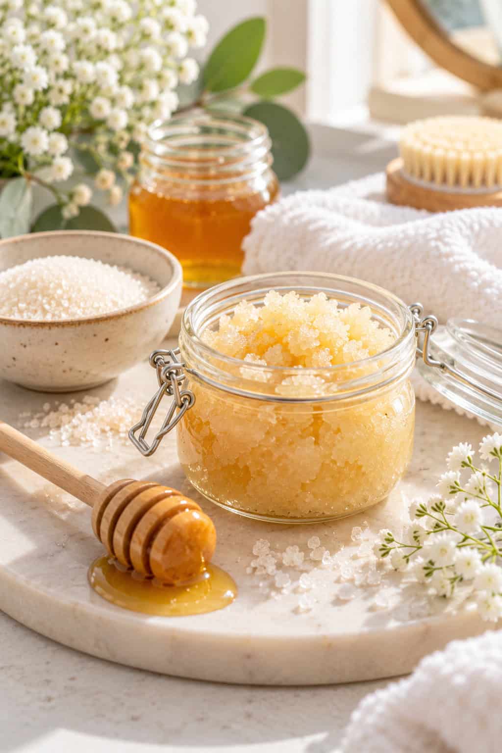 Selbstgemachtes Zucker-Honig-Peeling in einem Glas neben Honig, Zucker, Handtuch und Gesichtsbürste in einer hellen, natürlichen Pflege-Szene.