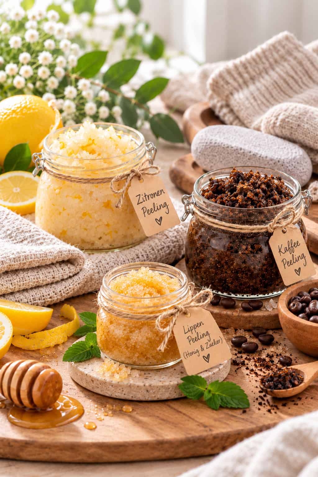 Drei selbstgemachte Peelings in Gläsern: Zitronenpeeling, Kaffeepeeling und ein Lippenpeeling aus Honig und Zucker, dekoriert mit Zitrone, Kaffeebohnen, Honig und natürlichen Pflegeutensilien.