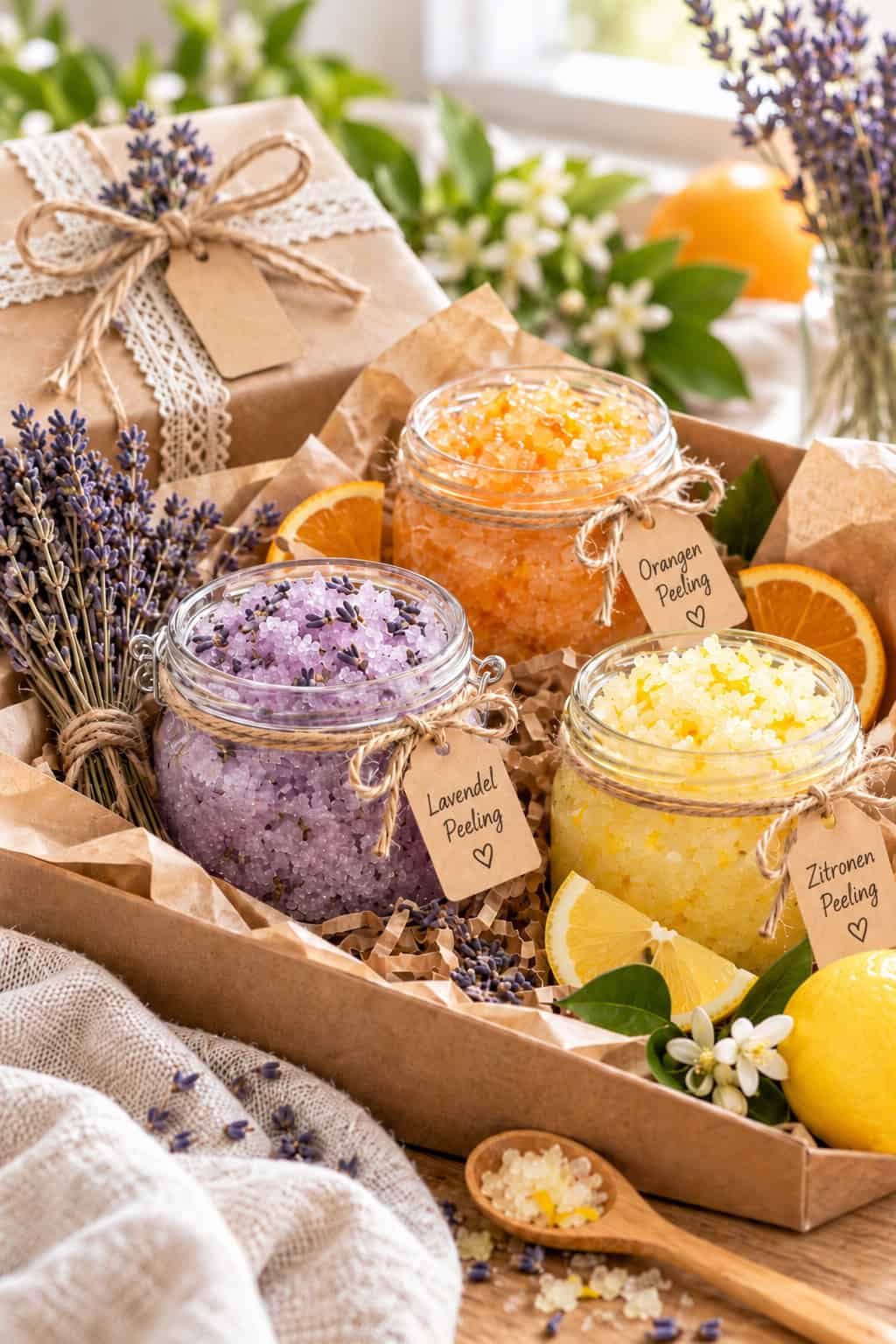 Drei selbstgemachte Peelings mit Lavendel, Orange und Zitrone in beschrifteten Gläsern, liebevoll in einer Kraftpapierbox mit Trockenblumen, Zitrusfrüchten und natürlichen Materialien als Geschenk arrangiert.