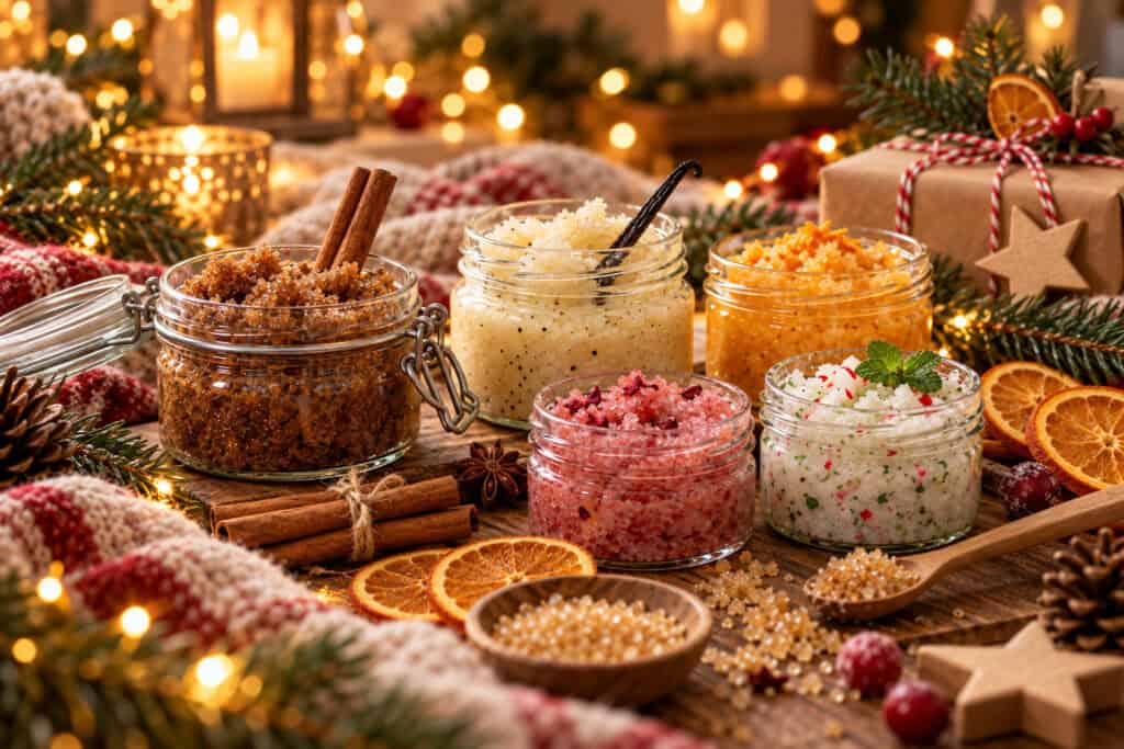 Mehrere selbstgemachte Peelings in kleinen Gläsern auf einem Holztisch in warmem weihnachtlichem Ambiente, dekoriert mit Zimtstangen, getrockneten Orangenscheiben, Tannenzweigen, Beeren, Lichterketten und einem eingepackten Geschenk.