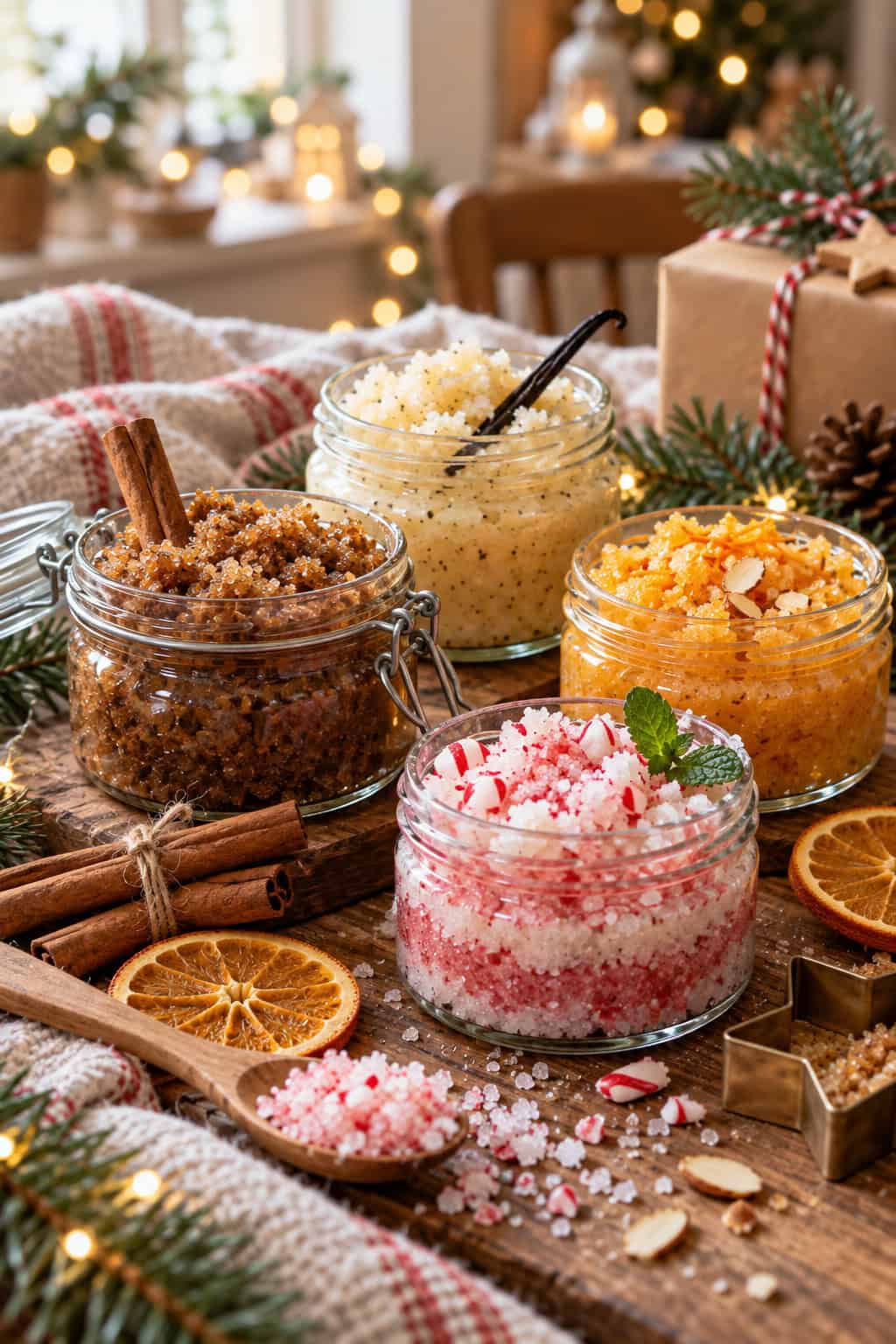 Mehrere weihnachtliche Körperpeelings in Gläsern mit Zimt, Vanille, Orange und einer rot-weißen Wintervariante auf einem Holztisch, umgeben von Tannenzweigen, getrockneten Orangenscheiben, Lichterketten und Geschenkpapier.