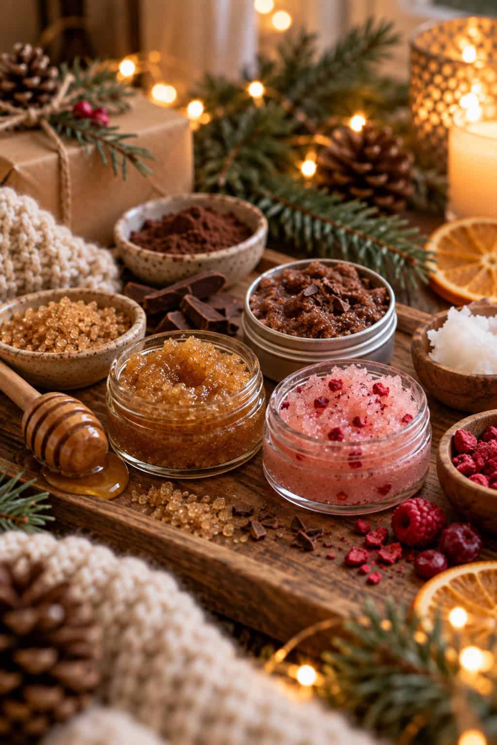 Drei selbstgemachte Lippenpeelings in kleinen Döschen auf einem warm dekorierten Weihnachtstisch, darunter eine Honig-Zucker-Variante, ein Schoko-Lippenpeeling und ein rosa Beerenpeeling, umgeben von Tannenzweigen, Kerzenlicht, Kakao, Honig und winterlicher Dekoration.