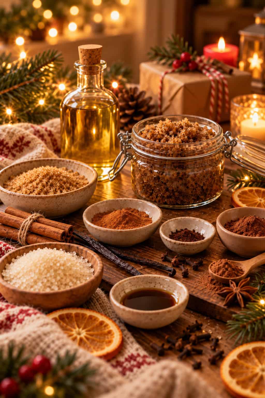 Weihnachtliches Körperpeeling mit braunem Zucker neben Zimt, Nelken, Vanille, Öl und weiteren Gewürzen auf einem Holztisch, umgeben von Tannenzweigen, Lichterketten und warmer Weihnachtsdekoration.
