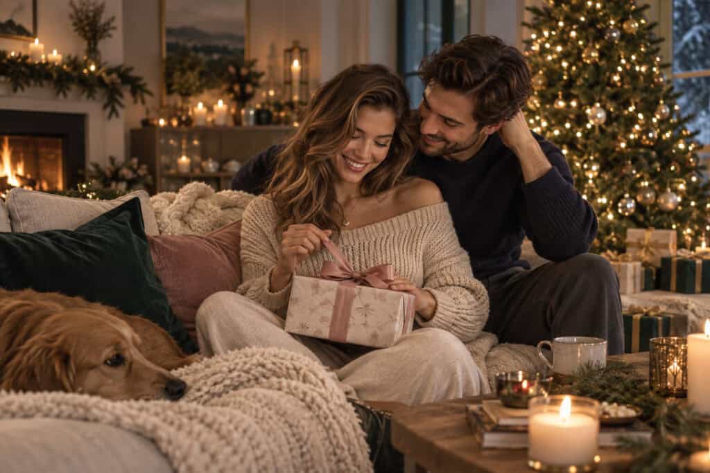 Junges Paar sitzt an Weihnachten gemütlich auf dem Sofa, während die Frau ein liebevoll verpacktes Geschenk öffnet. Im Hintergrund leuchten Weihnachtsbaum und Kamin.