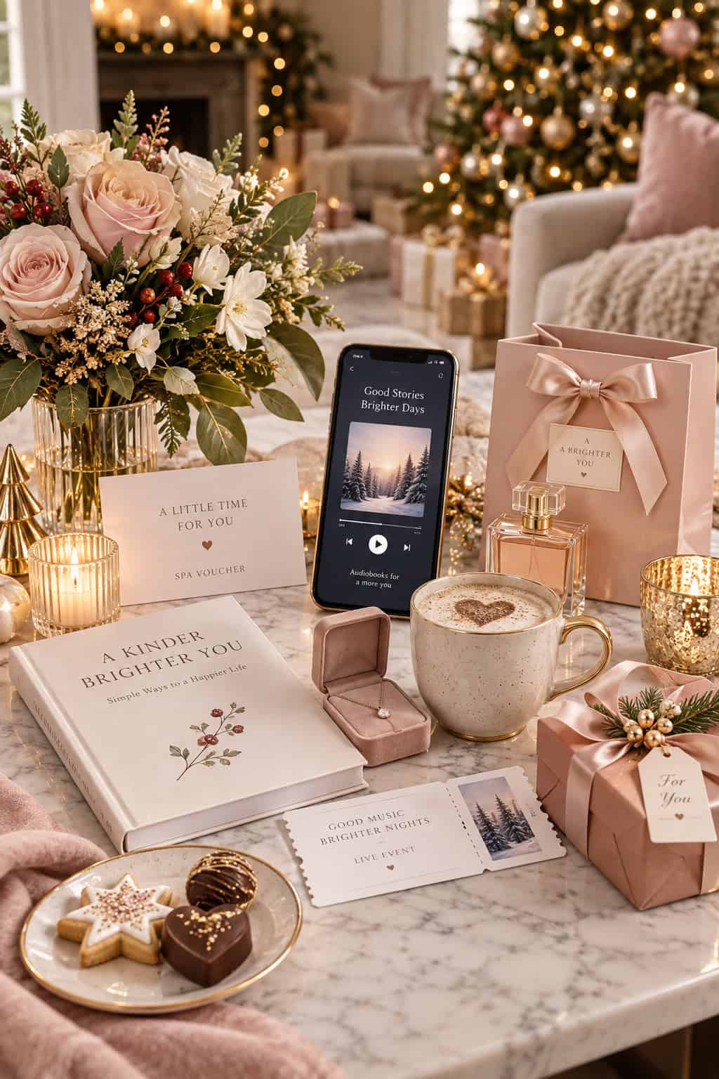 Last-Minute-Weihnachtsgeschenke für die Freundin mit Blumenstrauß, Spa-Gutschein, Hörbuch-Abo, Parfum, Schmuck, Eventticket und kleinen Geschenken in heller Weihnachtsstimmung.