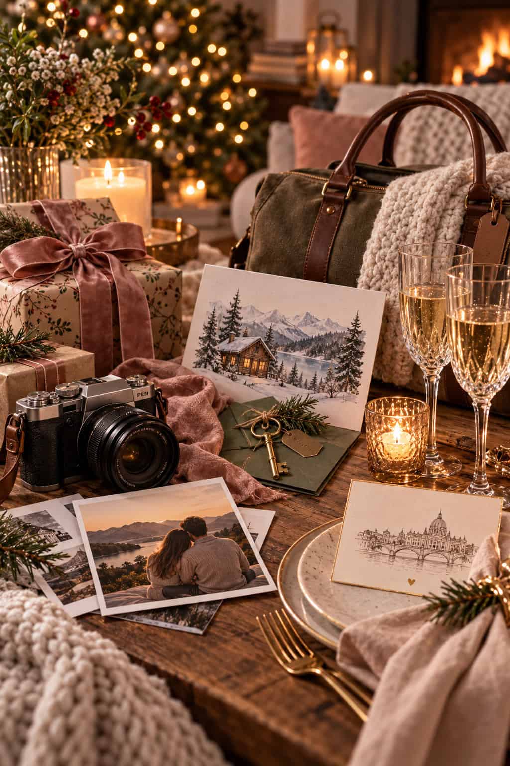Romantische Weihnachtsgeschenke für die Freundin mit Kamera für ein Paarshooting, Reisetasche, Hüttenmotiv, Fotos eines Paares und gedecktem Tisch in gemütlicher Weihnachtsstimmung.