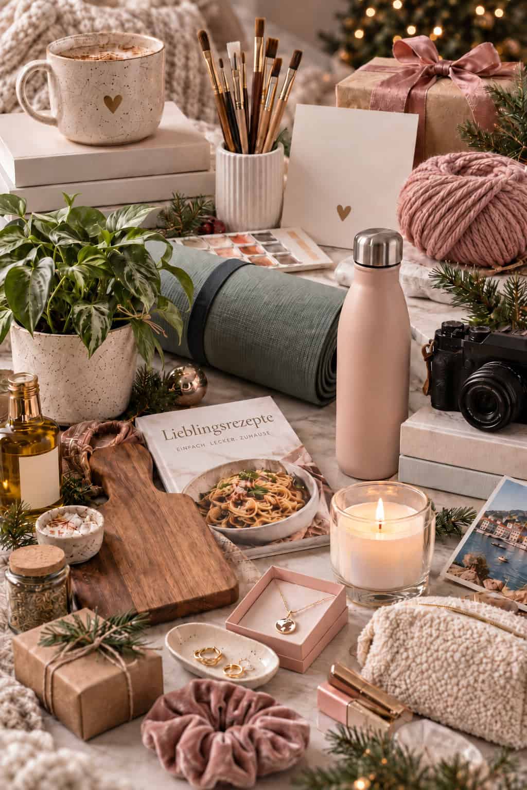 Weihnachtsgeschenke passend zu ihren Interessen mit Büchern, Malsachen, Yogamatte, Kamera, Pflanze, Rezeptbuch, Schmuck und weiteren Hobby-Ideen in festlicher Weihnachtsstimmung.