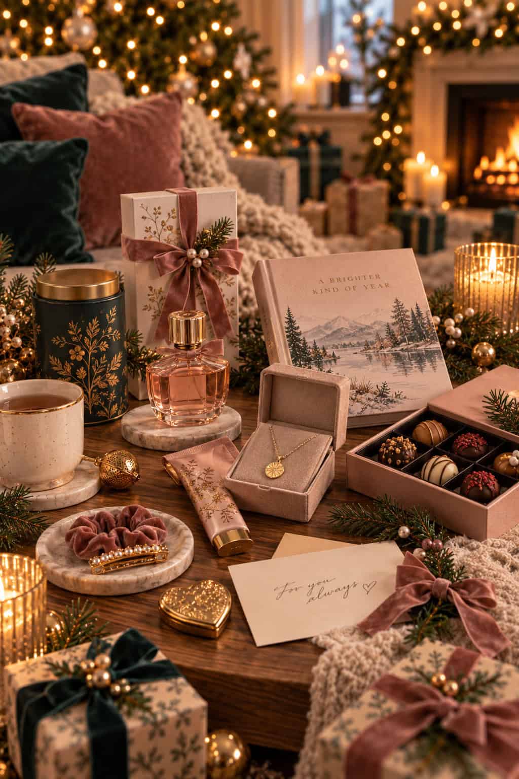 Kleine Weihnachtsgeschenke für die Freundin mit Parfum, Schmuck, Pralinen, Beauty-Produkt, Buch und liebevoll verpackten Geschenken vor festlicher Weihnachtskulisse.