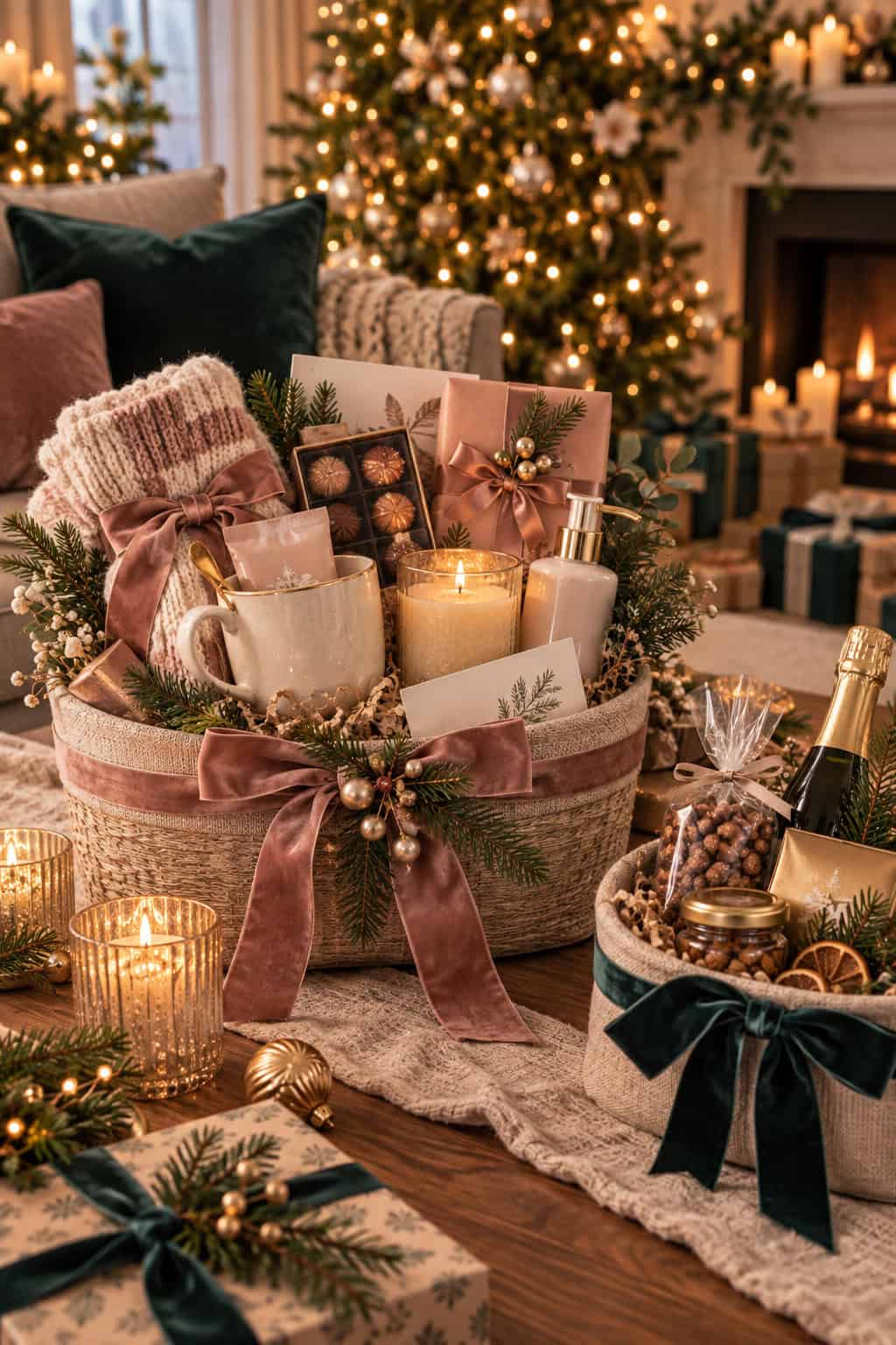 Festlich zusammengestellter Weihnachtskorb für die Freundin mit Tasse, Kerze, Schokolade, Pflegeprodukten, warmen Socken und weiteren kleinen Geschenkideen vor Weihnachtsbaum und Kamin.