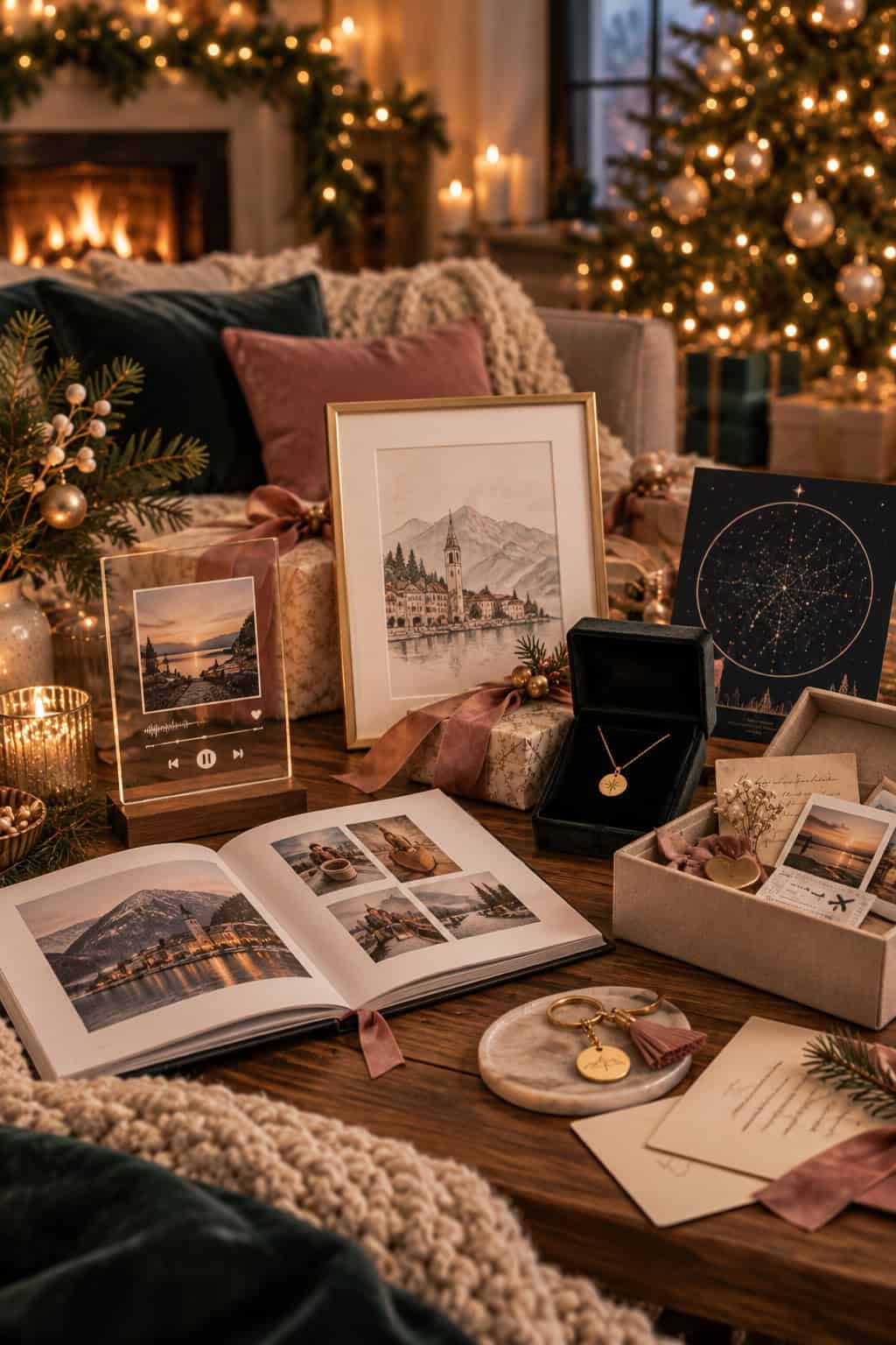 Persönliche Weihnachtsgeschenke für die Freundin mit Fotobuch, Sternenkarte, Schmuck, Erinnerungsbox und Illustration eines besonderen Ortes vor festlicher Weihnachtskulisse.