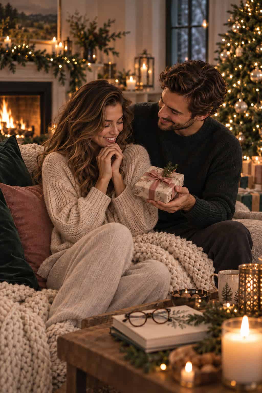 Ein Mann überreicht seiner Freundin ein kleines Weihnachtsgeschenk, während beide gemütlich vor dem geschmückten Weihnachtsbaum und Kamin sitzen.