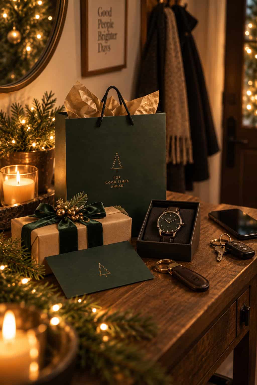 Weihnachtlicher Geschenktisch mit einer Armbanduhr, Schlüsselanhänger, verpacktem Geschenk und einer hochwertigen Geschenktüte in Dunkelgrün. Tannenzweige, Kerzen und warme Lichter schaffen ein gemütliches, festliches Ambiente.