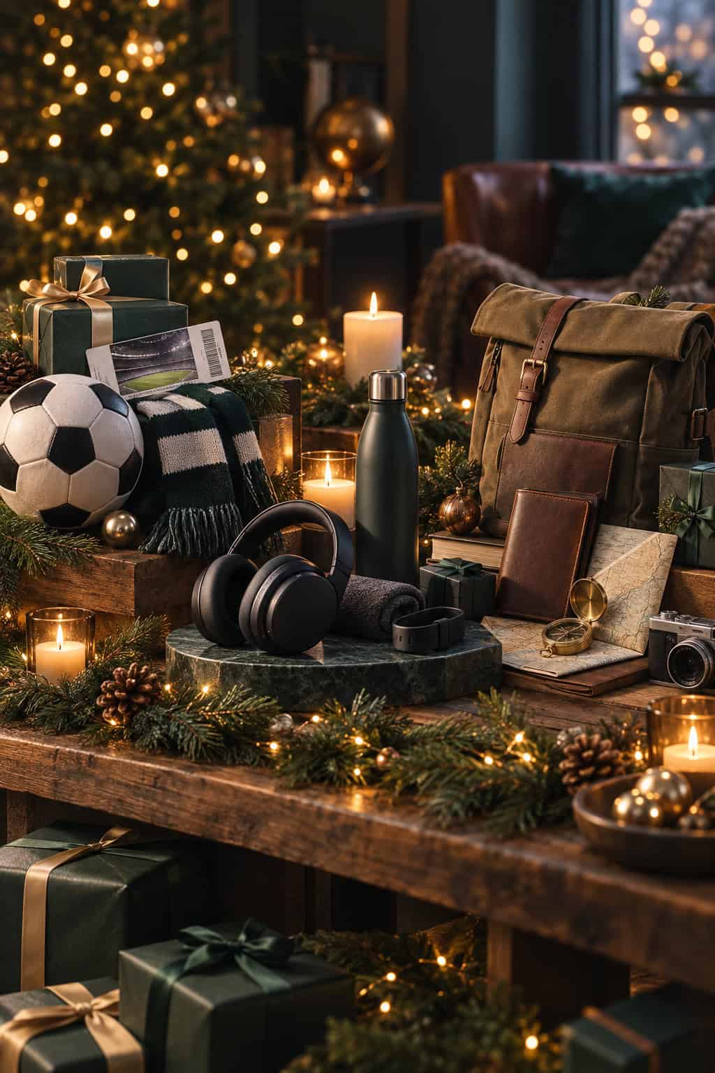 Weihnachtlich dekorierter Geschenktisch mit Geschenkideen für den Freund wie Fußball, Kopfhörer, Trinkflasche, Rucksack, Lederetui, Kamera und Reiseaccessoires. Kerzen, Tannenzweige, Lichterketten und ein geschmückter Weihnachtsbaum sorgen für eine warme, gemütliche Stimmung.