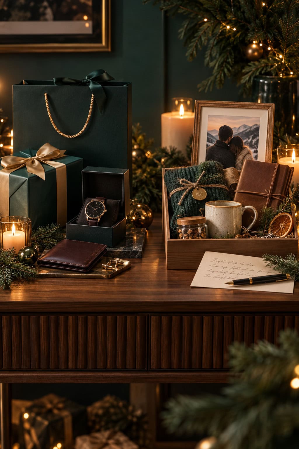 Weihnachtlicher Geschenktisch mit einer Armbanduhr, Lederportemonnaie, Geschenkbox, Fotobild eines Paares und einer kleinen Box mit persönlichen Kleinigkeiten. Kerzen, Tannenzweige und warme Lichter schaffen eine gemütliche Weihnachtsstimmung.