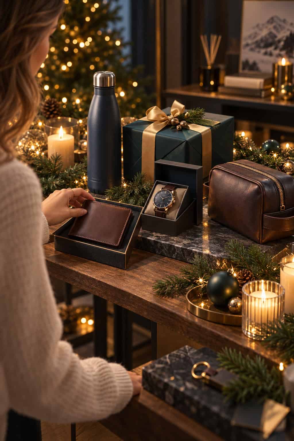 Eine Frau betrachtet verschiedene Weihnachtsgeschenke für ihren Freund auf einem festlich dekorierten Tisch. Zu sehen sind eine Armbanduhr, ein Lederportemonnaie, eine hochwertige Kulturtasche und eine Trinkflasche, umgeben von Tannenzweigen, Kerzen und warmen Weihnachtslichtern.