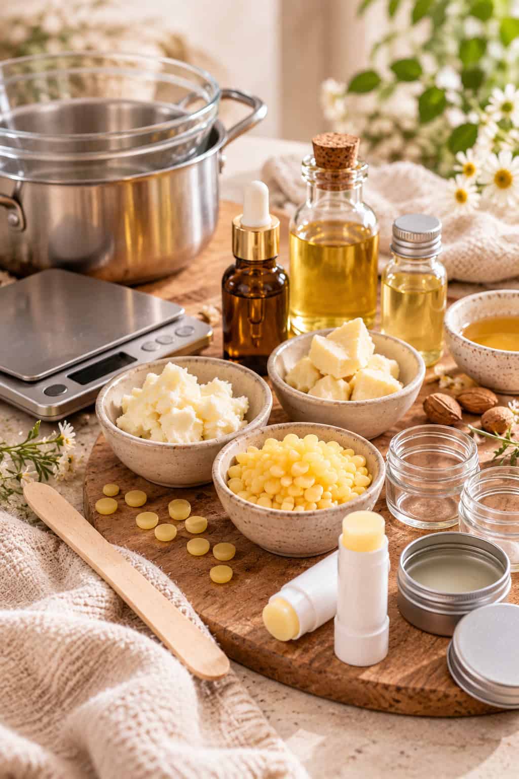 Zutaten und Zubehör zum Lippenbalsam selber machen mit Bienenwachs, Pflanzenbutter, Ölen, kleinen Döschen, Lippenpflegestiften, Feinwaage und Wasserbad.