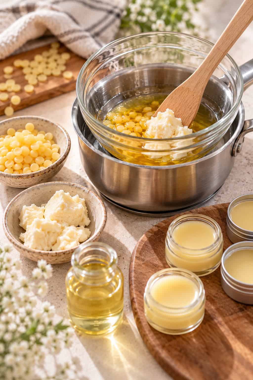 Bienenwachs, Sheabutter und Pflanzenöl werden im Wasserbad für einen selbstgemachten Lippenbalsam aus drei Zutaten geschmolzen.