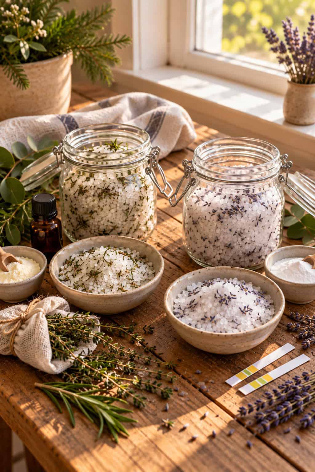 Zwei Gläser und zwei Schalen mit selbstgemachtem Badesalz stehen auf einem Holztisch im warmen Sonnenlicht: links eine Kräutervariante mit Thymian und Rosmarin, rechts eine helle Salzmischung mit Lavendel, daneben Natron, Milchpulver, ein kleines Fläschchen, ein Stoffsäckchen mit Kräutern und pH-Teststreifen.