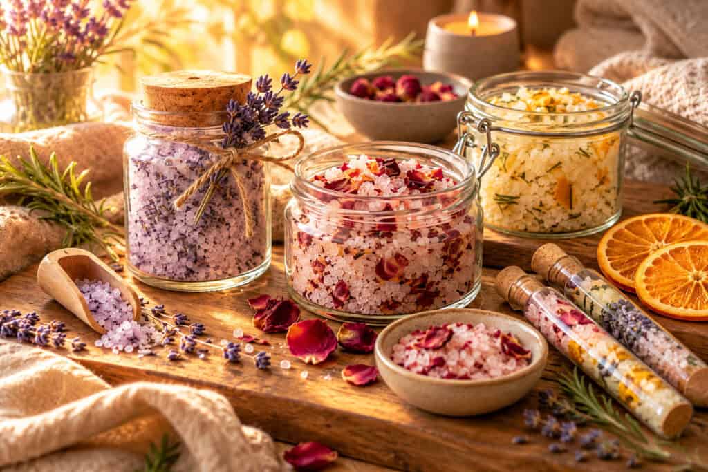 Drei Gläser mit selbstgemachtem Badesalz in Lavendel-, Rosen- und Zitrus-Variante stehen auf einem Holztisch in warmem Sonnenlicht, daneben liegen getrocknete Orangenscheiben, Lavendel und kleine Reagenzgläser mit Badesalz.