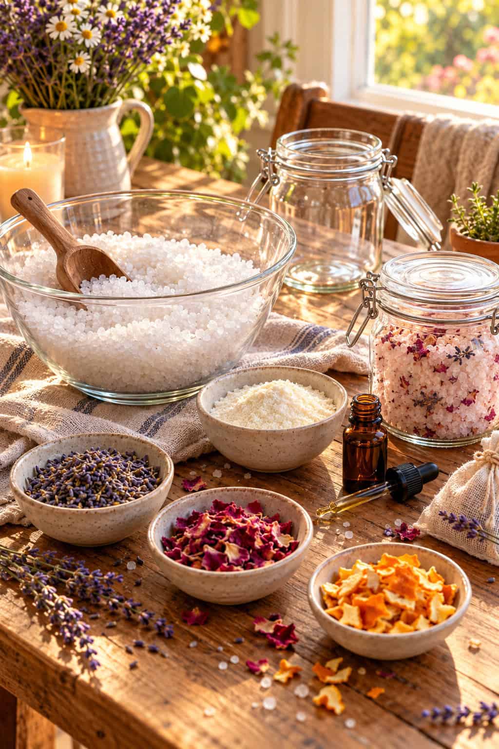 Zutaten für selbstgemachtes Badesalz auf einem Holztisch: grobes Meersalz, Milchpulver, Lavendel, Rosenblüten, Orangenschalen und ätherisches Öl neben einem Glas mit fertigem Badesalz.