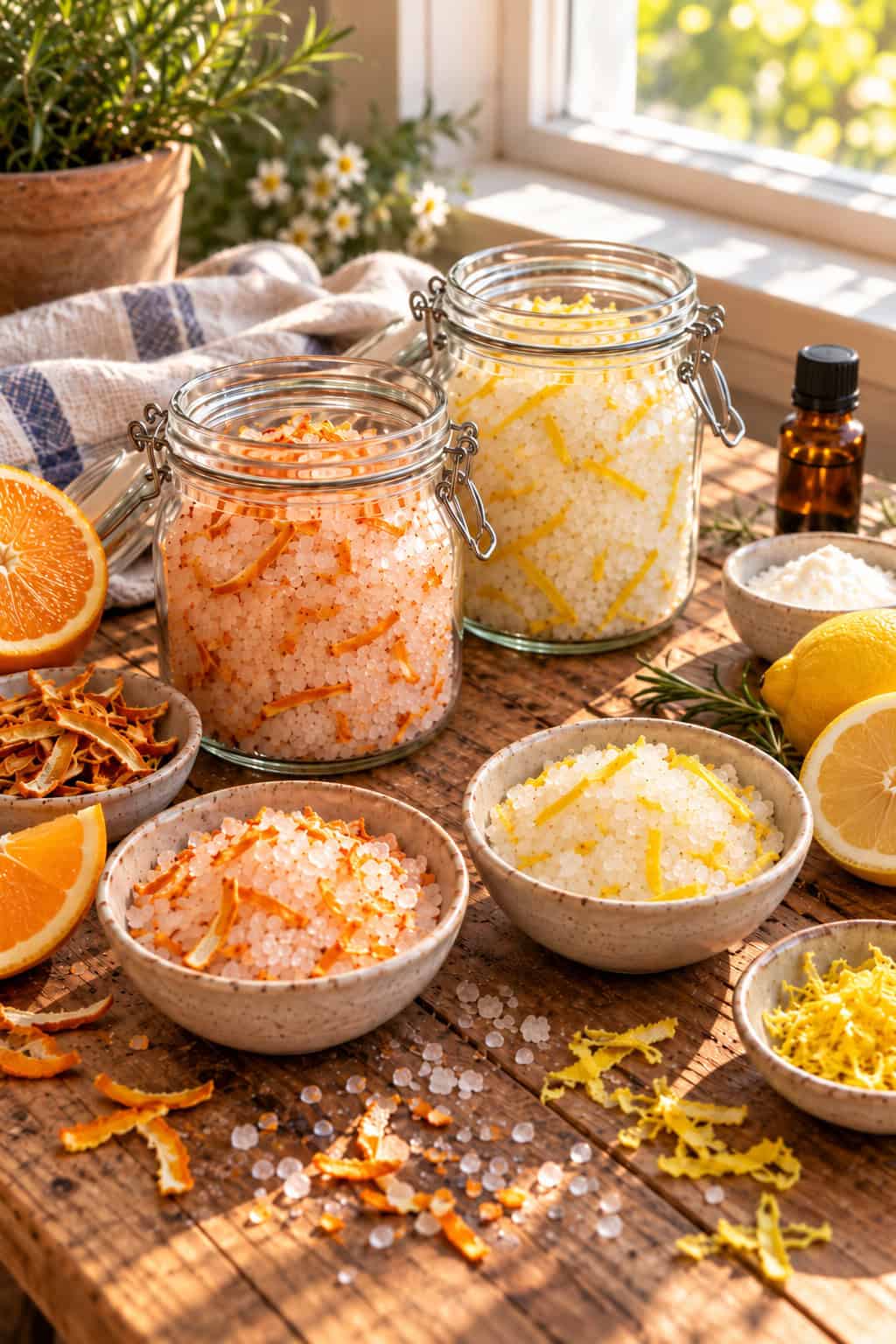Zwei Gläser und zwei Schalen mit selbstgemachtem Orangen- und Zitronen-Badesalz stehen auf einem Holztisch, umgeben von frischen Zitrusfrüchten, getrockneten Schalen und einem kleinen Fläschchen ätherischem Öl.