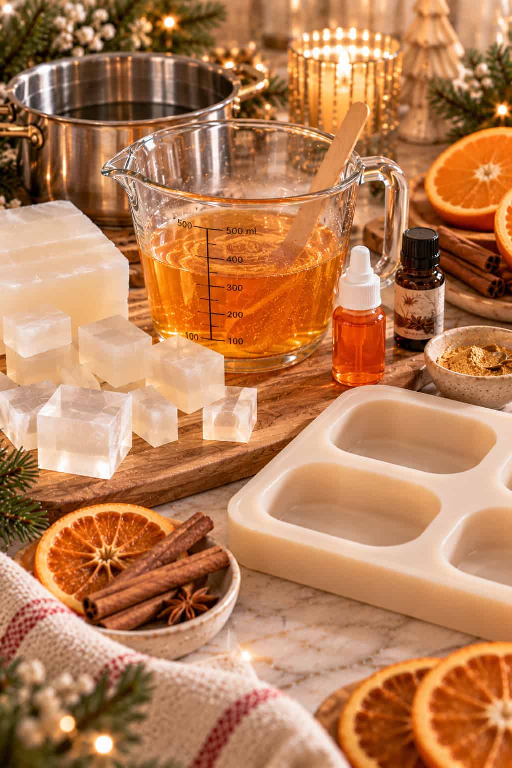 Zutaten für selbstgemachte Zimt-Orangen-Seife zu Weihnachten: Glasmessbecher mit bernsteinfarbener Seifenmasse, transparente Seifenbasis, Duftöl, orange Seifenfarbe, Goldglimmer und rechteckige Silikonformen. Im Hintergrund liegen Orangen und Zimtstangen.