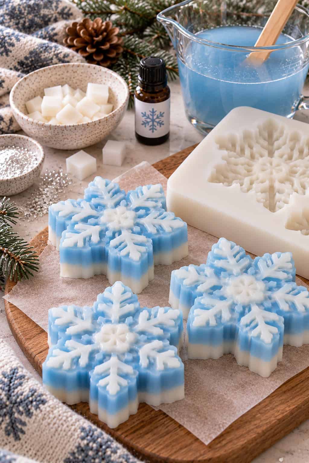 Drei selbstgemachte Schneeflocken-Seifen in Eisblau und Weiß auf einem Holzbrett, daneben eine passende Silikonform, weiße Seifenwürfel, ein Glasmessbecher mit blauer Seifenmasse, Duftöl und Silberglimmer.