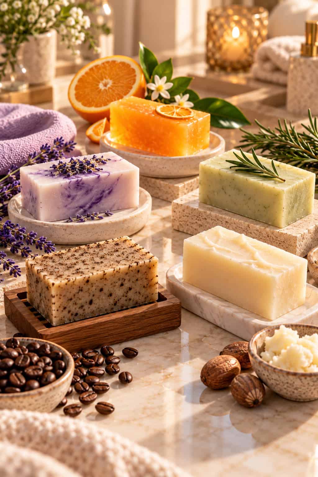 Fünf selbstgemachte Seifen mit Lavendel, Orange, Rosmarin, Kaffee und Sheabutter, dekorativ auf eleganten Seifenschalen aus Keramik und Naturstein arrangiert. Im Hintergrund sorgen frische Kräuter, Blumen und warmes Kerzenlicht für eine gemütliche Spa-Atmosphäre.
