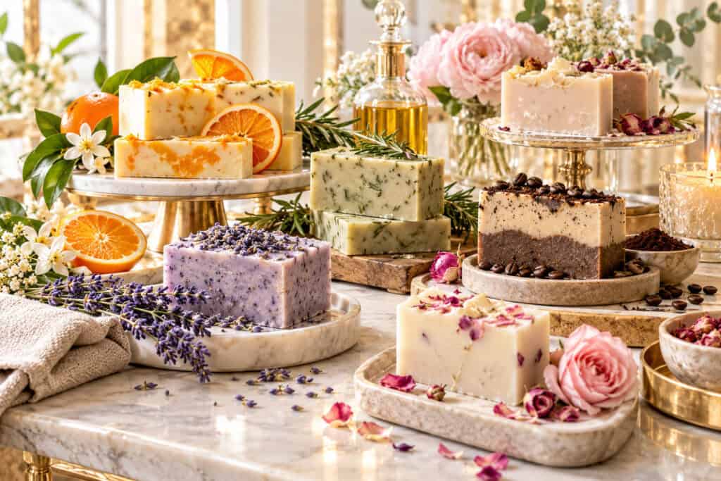 Verschiedene selbstgemachte Seifen mit Lavendel, Orange, Rosmarin, Kaffee und Blüten, dekorativ auf Marmorplatten und Schalen mit frischen Blumen, Kräutern und goldenen Akzenten arrangiert.