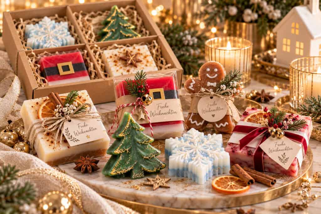 Selbstgemachte Weihnachtsseifen in verschiedenen Formen und Farben, darunter Tannenbaum, Schneeflocke, Lebkuchenmann und Weihnachtsmann-Seife, festlich arrangiert mit Geschenkverpackungen, Tannenzweigen und Kerzen.