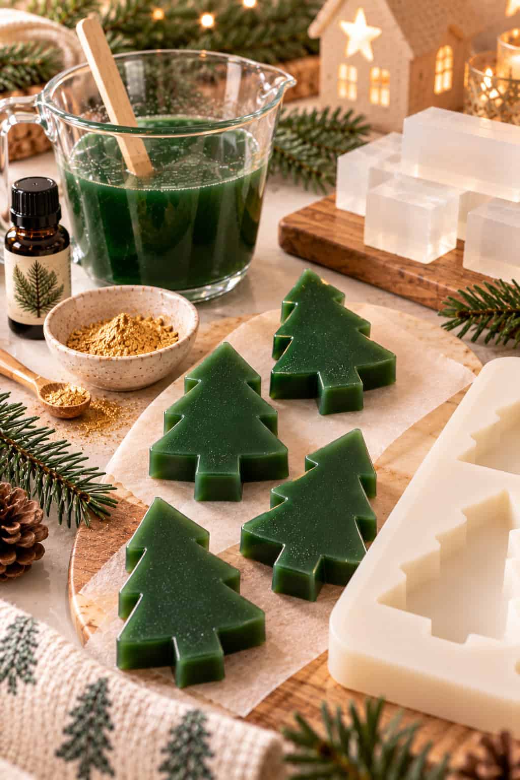 Selbstgemachte dunkelgrüne Tannenbaum-Seifen auf einem Holzbrett neben einer Silikonform, einem Glasmessbecher mit grüner Seifenmasse, Tannenduftöl und goldenem Seifenpigment. Im Hintergrund sorgen Tannenzweige und warme Weihnachtslichter für eine festliche Atmosphäre.