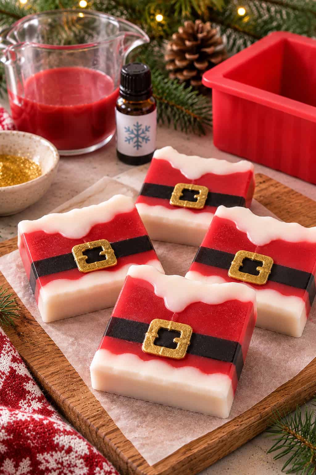 Selbstgemachte Weihnachtsmann-Seifen mit roten und weißen Schichten, schwarzem Gürtel und goldener Schnalle auf einem Holzbrett. Im Hintergrund stehen eine rote Silikonform, ein Glasmessbecher mit roter Seifenmasse und Duftöl, umgeben von weihnachtlicher Dekoration.