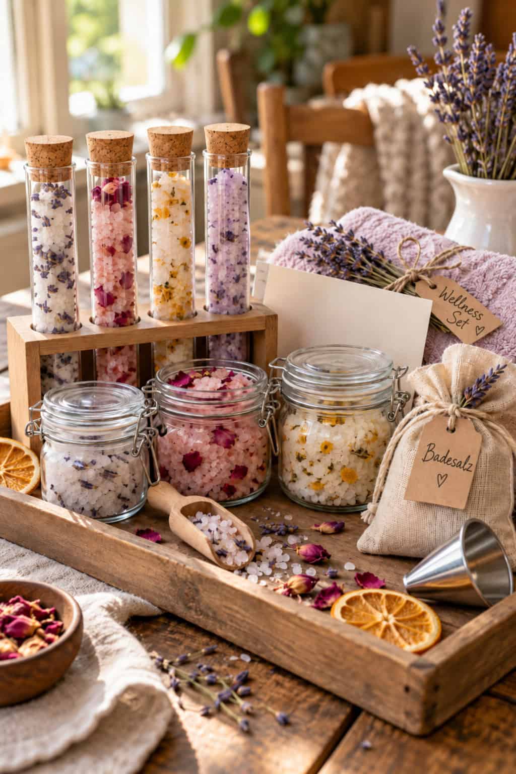 Geschenkset mit selbstgemachtem Badesalz auf einem Holztablett: vier Reagenzgläser mit verschiedenem Badesalz, drei kleine Gläser, ein Säckchen mit Anhänger „Badesalz“, ein gerolltes Handtuch mit Anhänger „Wellness Set“, dazu Lavendel, getrocknete Orangenscheiben und ein kleiner Metalltrichter.