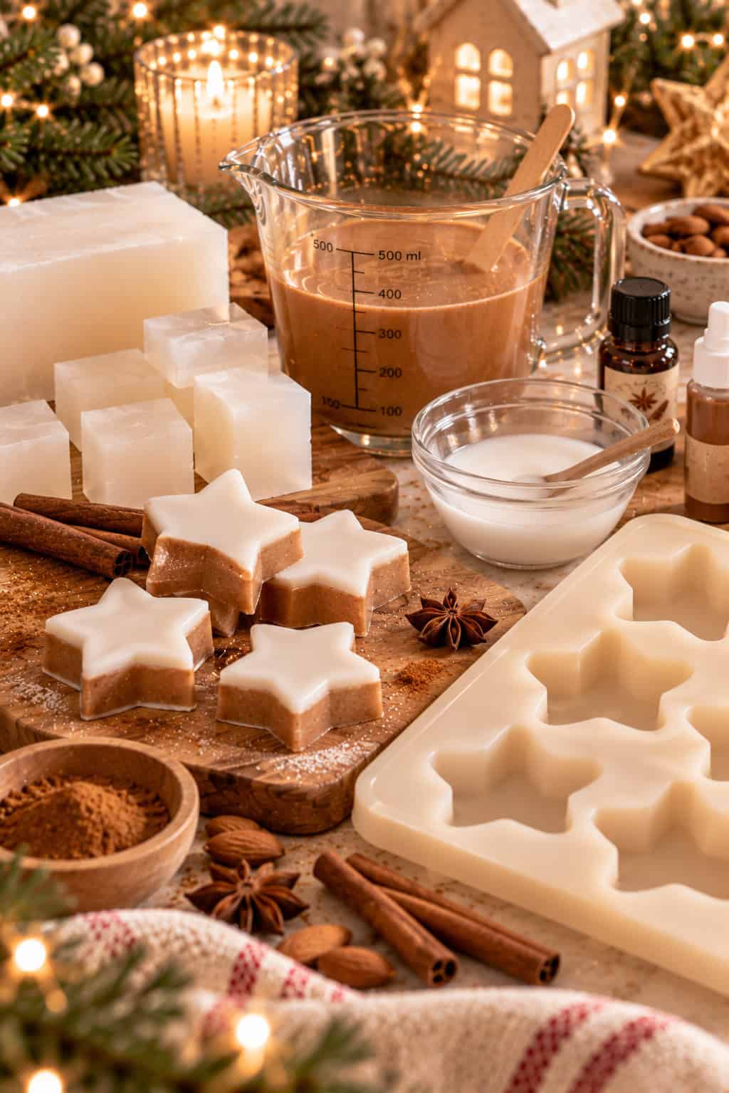 Selbstgemachte Zimtstern-Seife mit hellbrauner Seifenbasis und weißer Zuckerguss-Schicht. Daneben stehen eine sternförmige Silikonform, ein Glasmessbecher mit brauner Seifenmasse, weiße Seifenbasis und Duftöl, umgeben von weihnachtlicher Dekoration.